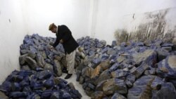 FILE - An Afghan businessman checks lapis lazuli at his shop in Kabul, March 28, 2016. The brilliant blue stone, prized for millennia, is found almost exclusively in Afghanistan and is a key part of the nation's mineral wealth.