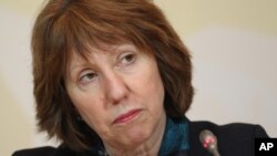 EU foreign policy chief Catherine Ashton listens to a question during her news conference after the high-level talks between world powers and Iranian officials in Almaty, Kazakhstan, April 6, 2013. 