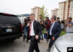 Samuel Brownback, U.S. Ambassador at Large for International Religious Freedom, leaves the prison complex Aliaga, Izmir province, western Turkey, where jailed Andrew Brunson appeared on his trial at a court inside the complex, April 16, 2018.