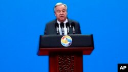 FILE - U.N. Secretary General Antonio Guterres delivers his speech at the opening ceremony of the second Belt and Road Forum for International Cooperation (BRF) in Beijing, April 26, 2019. 