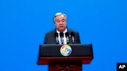 Le secrétaire général des Nations Unies, Antonio Guterres, prononce son discours lors de la cérémonie d'ouverture du deuxième Forum de coopération internationale entre ceintures et routes à Beijing, le vendredi 26 avril 2019.
