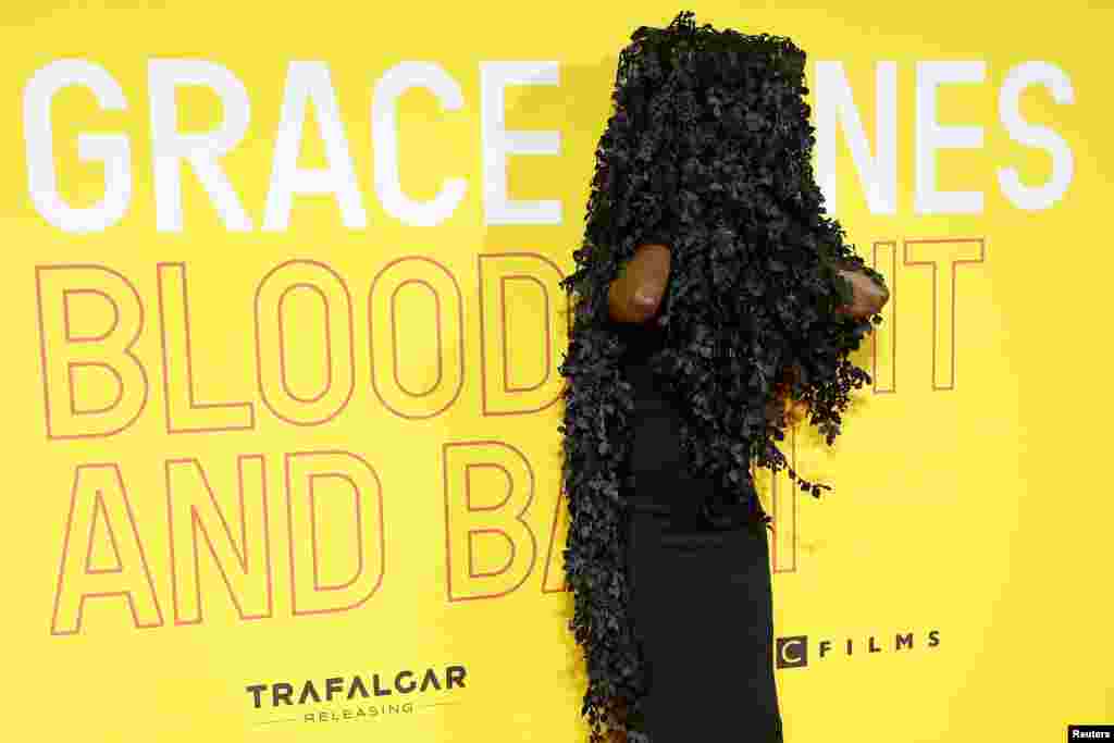 Singer Grace Jones adjusts her hat as she arrives for the UK premiere of her movie &quot;Grace Jones: Bloodlight and Bami&quot; in London, Oct. 25, 2017.