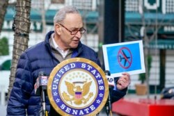 Senate Minority Leader Chuck Schumer, D-N.Y., speaks to reporters during a news conference, January 12, 2021, in New York. Schumer demanded individuals who stormed the U.S. Capitol last week be placed on a no-fly list.