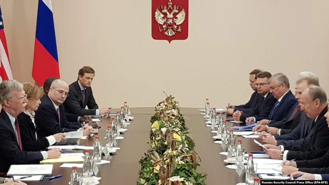 RUSSIA -- U.S. National Security Adviser John Bolton (L) Russian Security Council Secretary Nikolai Patrushev (R) meet in Moscow, October 22, 2018