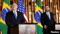 U.S. Secretary of State Mike Pompeo, left, attends a meeting with Brazil's Foreign Minister Ernesto Araujo at Itamaraty Palace in Brasilia, Brazil, Jan. 2, 2019.