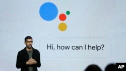 FILE - Google CEO Sundar Pichai talks about Google Assistant during a product event in San Francisco, Oct. 4, 2016. Google is likely to again put artificial intelligence in the spotlight at its annual developers conference on May 10, 2018.