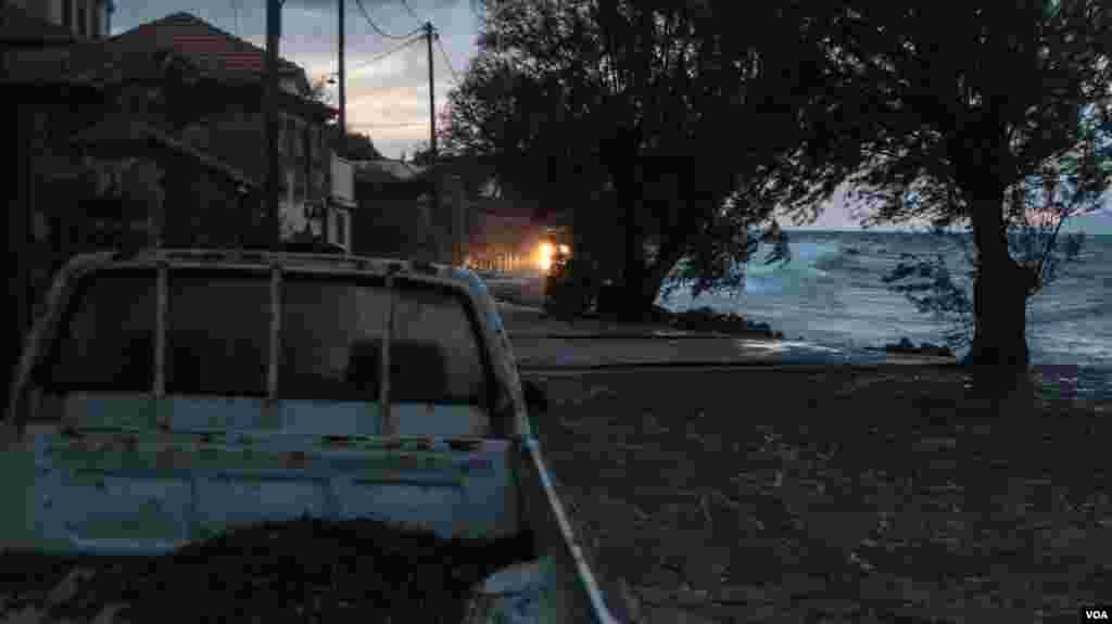 In 2015, thousands of refugees arrived on the shores of Skala Sikamineas on the Greek island of Lesvos. Numbers have dropped dramatically since then. (J. Owens/VOA)