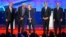 Democratic presidential candidates, from left, former Virginia Sen. Jim Webb, Sen. Bernie Sanders of Vermont, former Sec. of State Hillary Clinton, former Maryland Gov. Martin O'Malley and former Rhode Island Gov. Lincoln Chafee, take the stage before the debate in Las Vegas, Oct. 13, 2015.