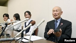 Nihon Hidankyo co-chair Toshiyuki Mimaki, who survived the 1945 atomic bombing of Hiroshima, attends a news conference after the 2024 Nobel Peace Prize winner was announced in Hiroshima, Japan Oct. 11, 2024, in this photo taken by Kyodo.