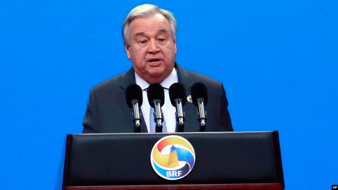 Sekjen PBB Antonio Guterres saat berbicara di Beijing (26/4).
