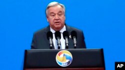 Sekjen PBB Antonio Guterres saat berbicara di Beijing (26/4).