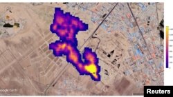 Imaging of a methane plume at least 4.8 km)long rising from a major landfill, where methane is a byproduct of decomposition, south of Tehran, Iran, is overlaid on a satellite photo in this image released October 25, 2022. Imaging captured by NASA's orbital imaging spectrometer