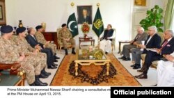 Prime Minister Muhammad Nawaz Sharif chairing a consultative meeting on Yemen-Saudi Arabia issue, in Islamabad, April 13, 2015.