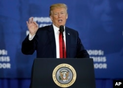 President Donald Trump speaks about his plan to combat opioid drug addiction at Manchester Community College, March 19, 2018, in Manchester, New Hampshire.