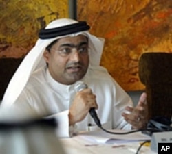 Emirati blogger and human rights activist Ahmed Mansour speaks during a press conference in Dubai, UAE, January 26, 2011
