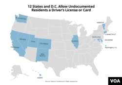 12 states and D.C. allow undocumented residents a driver's license or card (M. Sandeen/VOA)