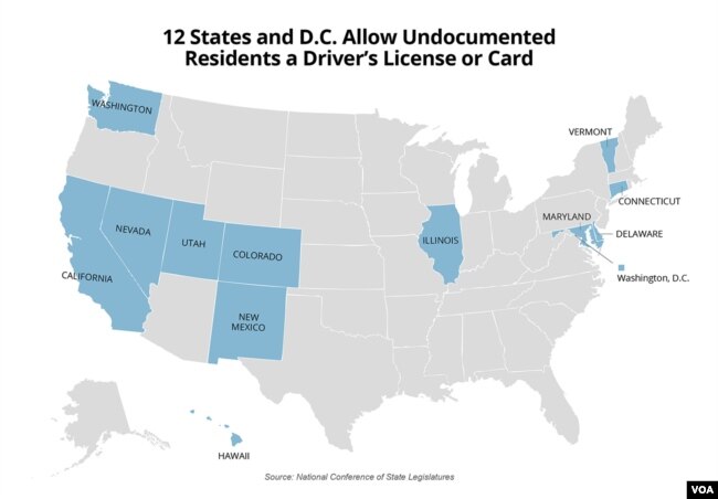 12 states and D.C. allow undocumented residents a driver's license or card (M. Sandeen/VOA)