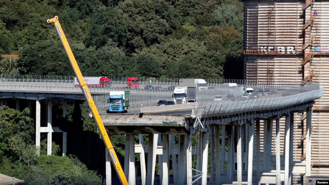 The collapsed Morandi Bridge is seen in the Italian port city of Genoa, Italy, Aug. 15, 2018. 