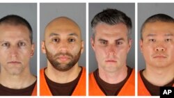 Esta combinación de fotos proporcionada por la Oficina del Sheriff del Condado de Hennepin en Minnesota el miércoles 3 de junio de 2020 muestra a los Oficiales de Policía de Minneapolis Derek Chauvin, de izquierda a derecha, J. Alexander Kueng, Thomas Lane y Tou Thao.