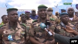 This video grab obtained by AFPTV from Office de Radiodiffusion-Télévision du Mali on Sept. 17, 2024, shows Mali's army chief of staff, Oumar Diarra, speaking to reporters following a jihadist attack on a military airport and training center in Bamako.