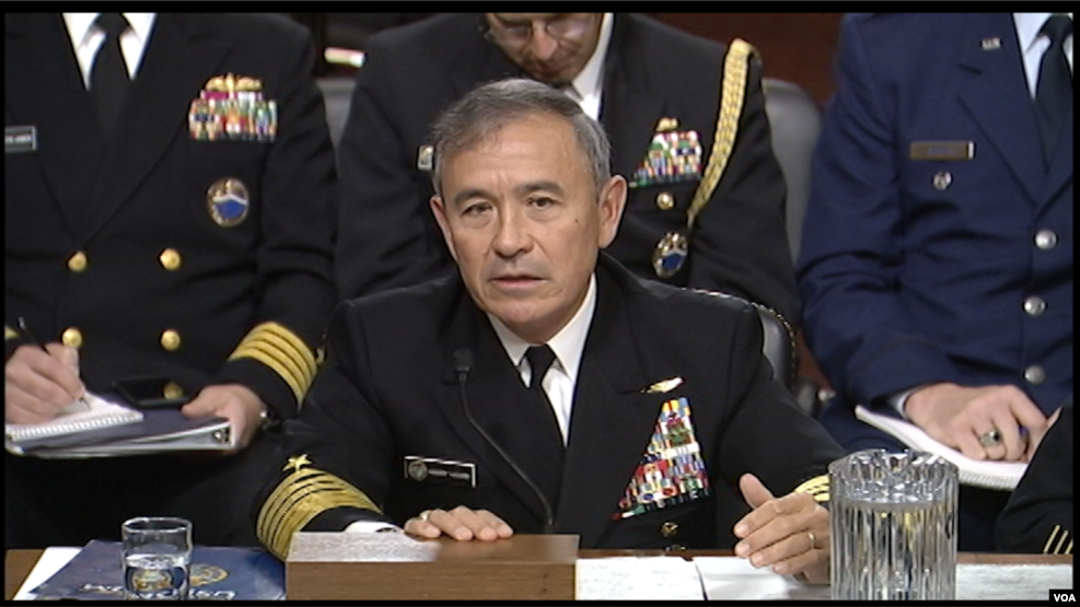 Tư liệu- Tư lệnh Bộ Chỉ huy Thái Bình Dương Hoa Kỳ, Đô đốc Harry Harris trong một buổi điều trần tại Thượng viện, ngày 23 tháng 02 năm 2016.