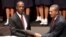 Keith Rowley (L) and President of Trinidad and Tobago Anthony Carmona shake hands during Rowley's swear-in ceremony as prime minister of Trinidad and Tobago in Port-of-Spain, Sept. 9, 2015.