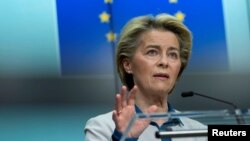 European Commission President Ursula von der Leyen speaks during a joint news conference with European Council President Charles Michel ahead of the G7 summit, at the EU headquarters in Brussels, Belgium June 10, 2021. 
