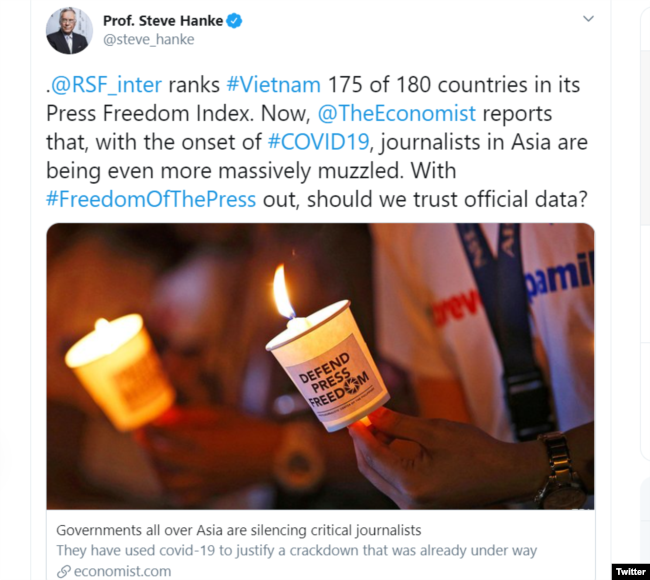 Dòng tweet nói về tự do báo chí ở Việt Nam của giáo sư Steve Hanke hôm 18/06/2020.