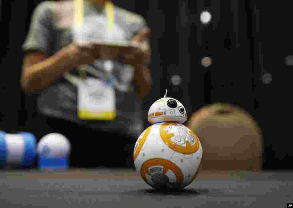 The Sphero BB-8 remote controlled droid is on display at CES Unveiled, a media preview event for CES International, Jan. 4, 2016, in Las Vegas. The robot is controlled by an app for a mobile device.