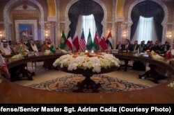 U.S. Secretary of Defense Ash Carter, right, delivers remarks during the Gulf Cooperation Council Defense Ministerial in Riyadh, Saudi Arabia, April 20, 2016. Carter is in Saudi Arabia to participate in the U.S. Gulf Cooperation Council defense meeting.