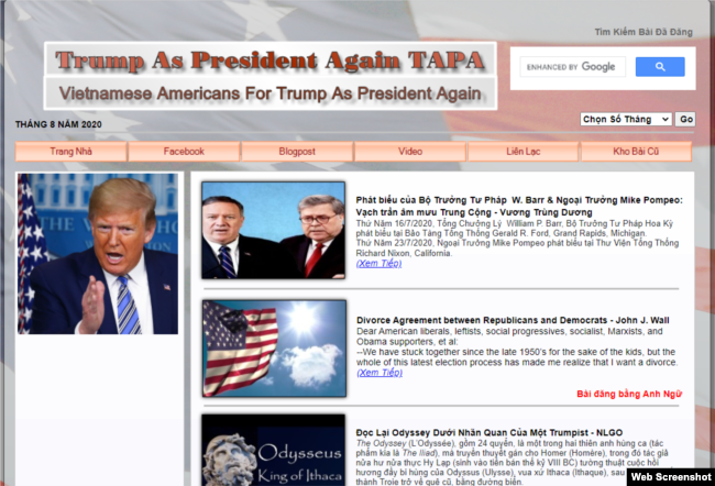 Trang Web của nhóm người Việt ủng hộ TT Trump tái cử - TAPA.