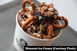 Mocha rolled ice cream topped with pretzels, Oreos, almonds and chocolate drizzle.