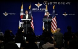 U.S. Defense Secretary Mark Esper and South Korean Defense Minister Jeong Kyeong-doo hold a joint news conference after the 51st Security Consultative Meeting (SCM) at the Defense Ministry in Seoul, South Korea, Nov. 15, 2019.