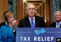 FILE - Senate Majority Leader Mitch McConnell, R-Ky., flanked by Small Business Administration Administrator Linda McMahon, left, and Sen. Roger Wicker, R-Miss., speaks to a group of small business owners.