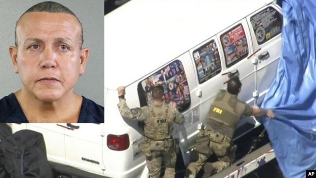 Investigadores del FBI destapan la camioneta del sospechoso que tenía pegado en las ventanas fotos y calcomaía de políticos y del logo de la cadena de televisión CNN.