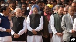 From left, Indian Vice President Venkiah Naidu, Prime Minister Narendra Modi, former prime minister Manmohan Singh, Congress party president Rahul Gandhi and Finance Minister Arun Jaitley 