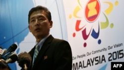 North Korea Foreign Ministry spokesman Ri Tong Il addresses a news conference during an Association of Southeast Asian Nations foreign ministers meeting at the Putra World Trade Center in Kuala Lumpur, August 6, 2015.