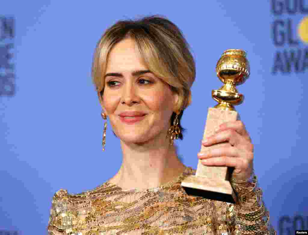Actress Sarah Paulson holds the Golden Globe award for Best Performance by an Actress in a Limited Series or a Motion Picture Made for Television for her role in "The People v. O.J. Simpson: American Crime Story", Jan. 8, 2017.