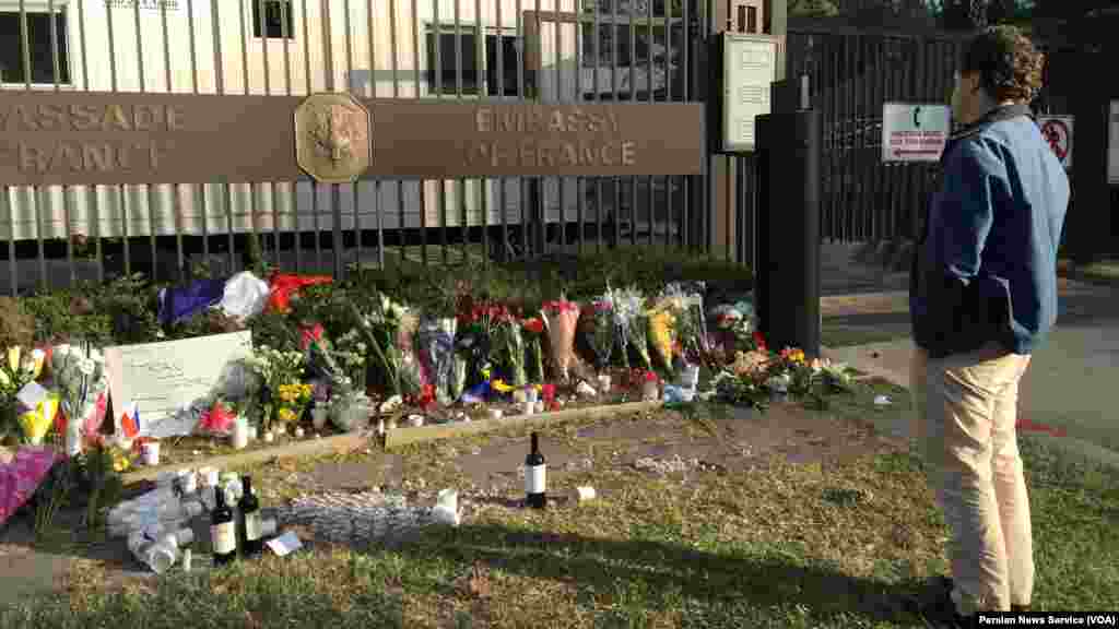 A memorial to victims of the coordinated terrorist attacks in Paris Friday grows outside the French Embassy in Washington, D.C., Nov. 14, 2015.