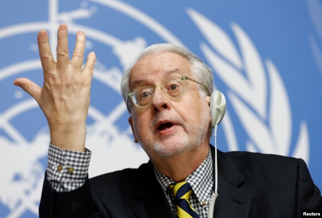 FILE - Paulo Pinheiro, chairperson of the Commission of Inquiry on Syria, attends a news conference at the United Nations office in Geneva, Switzerland, Sept. 6, 2017.