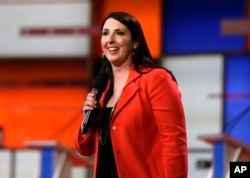FILE - Ronna Romney McDaniel, the Michigan Republican Party chair, speaks before a Republican presidential primary debate in Detroit.