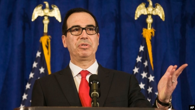 Treasury Secretary Steven Mnuchin speaks at a news briefing at the Hilton Midtown hotel during the U.N. General Assembly, in New York, Sept. 21, 2017.