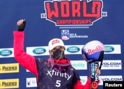 Eileen Gu of China celebrates winning the Freeski Slopestyle finals of the 2021 FIS Snowboard & Freeski World Championships, Mar 13, 2021. (Michael Madrid-USA TODAY Sports via REUTERS)