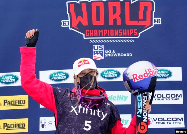 Eileen Gu of China celebrates winning the Freeski Slopestyle finals of the 2021 FIS Snowboard & Freeski World Championships, Mar 13, 2021. (Michael Madrid-USA TODAY Sports via REUTERS)