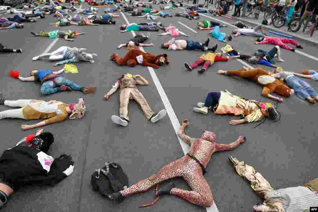 Activists from the Extinction Rebellion movement stage a Die-In as they demonstrate for climate justice in a street in Berlin&#39;s Neukoelln district, Germany.