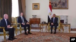 In this June 21, 2018, photo, provided by Egypt's state news agency, MENA, Egyptian President Abdel-Fattah el-Sissi, center, meets with President Donald Trump's son-in-law and senior adviser Jared Kushner, second left, and Middle East envoy Jason Greenbla