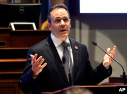 FILE - Kentucky Gov. Matt Bevin speaks to a joint session of the General Assembly at the Capitol, in Frankfort, Ky., Jan. 16, 2018.