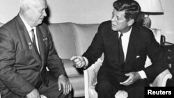 President John F. Kennedy, Jr. meet with Soviet leader Nikita Khrushchev in Vienna in June 1961.