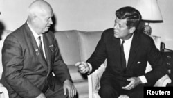 During the Cold War, then U.S. President John F. Kennedy (R) meets with Nikita Khrushchev, former Chairman of the Council of Ministers of the Soviet Union, in Vienna, Austria. (June 1961)