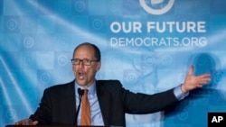 Newly elected Democratic National Committee Chairman Tom Perez gives a victory speech during the general session of the DNC winter meeting in Atlanta, Feb. 25, 2017. 